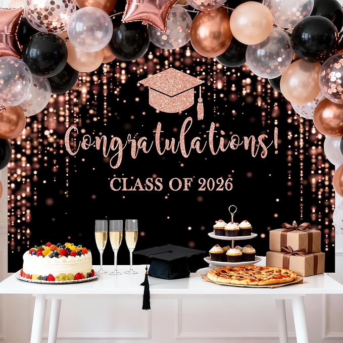 Mocsicka Class of 2026 Backdrop Rose Gold Glitter Bokeh Graduation Party - Image 2