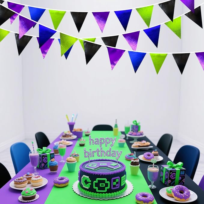 Video Game Party Decorations Black Blue Green Purple Metallic Fabric Triangle - Image 5