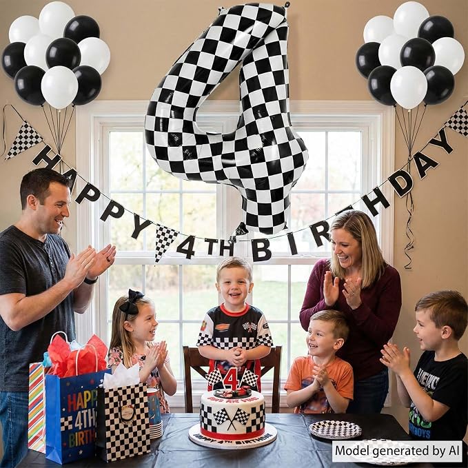 40 Inch Checkered Number 4 Balloon, Large Foil Black and White Number Balloons - Image 6