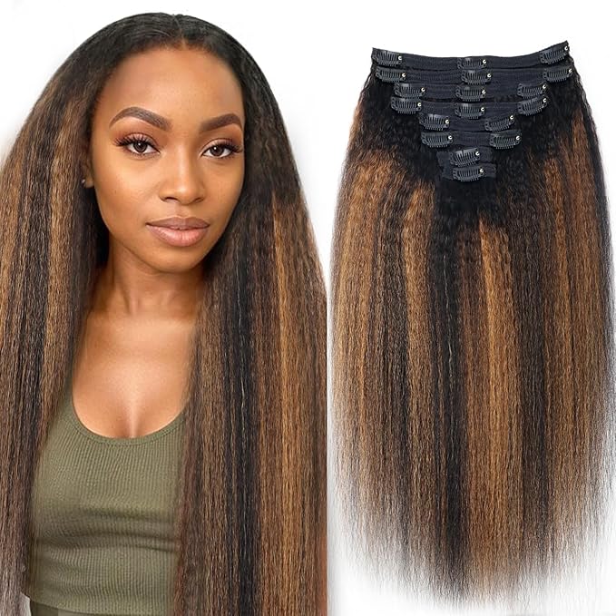 Kinky Straight Clip in Hair Extensions Real Human Hair For Women Highlight Hair Extensions Kinky Straight Clip ins (26inch,T1BP1B/30)