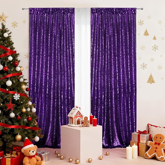 PartyDelight Purple Sequin Backdrop Curtains 2x8ft 2 Panels | Sparkly 3mm - Image 6