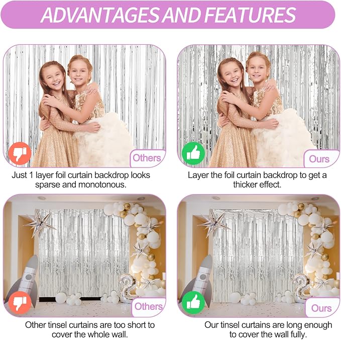 Crosize 4 Pack Sliver Party Streamers Backdrop, 3.3 x 9.9 ft | Tinsel Foil - Image 3