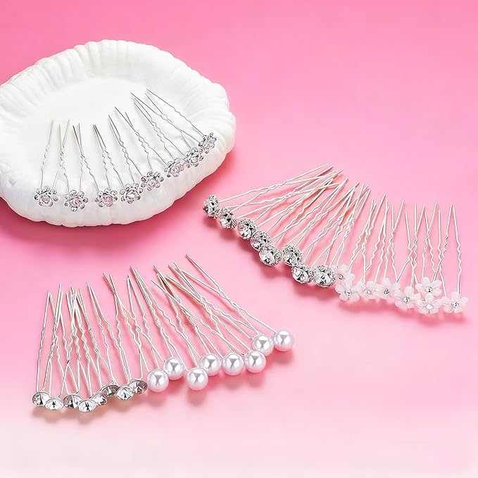 40 PCS Wedding Hair Pins for Brides, Pearl Hair Pins for Wedding, Silver Crystal Rhinestone Hair Pin Decorative Hair Accessories for Bridal Bridesmaid Women Prom Party