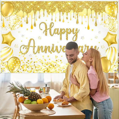 Mocsicka Happy Anniversary Banner White Gold Happy Anniversary Party - Image 6