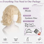 BARSDAR Light Blonde Short Wavy Wig with Bangs - Short Wavy Blonde Wigs for Women - Soft Synthetic Textured Curly French Bob Wig with Bangs Natural Looking Face-Framing Daily Party Halloween