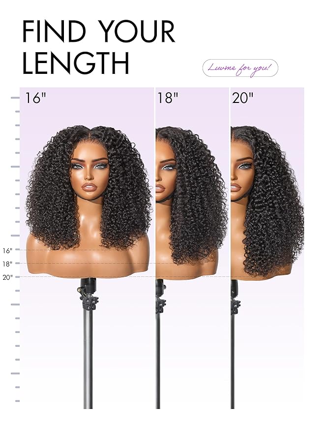 LUVME HAIR 5X5 Kinky Curly 200% Human Hair Wigs Glueless Lace Front 16 Inches Pre Cut Plucked Hd Lace Wig Ready To Go Natural Color Flexi-Fit Drawstring Cap Bleached Knots Black Wigs