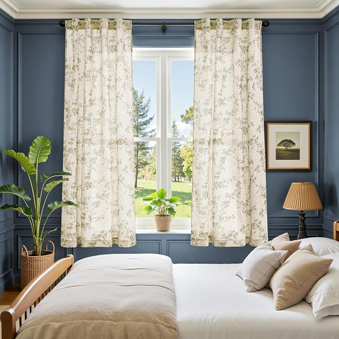 jinchan Green Floral Linen Curtains 63 Inch Farmhouse Back Tab 2 Panels | Green - Image 4