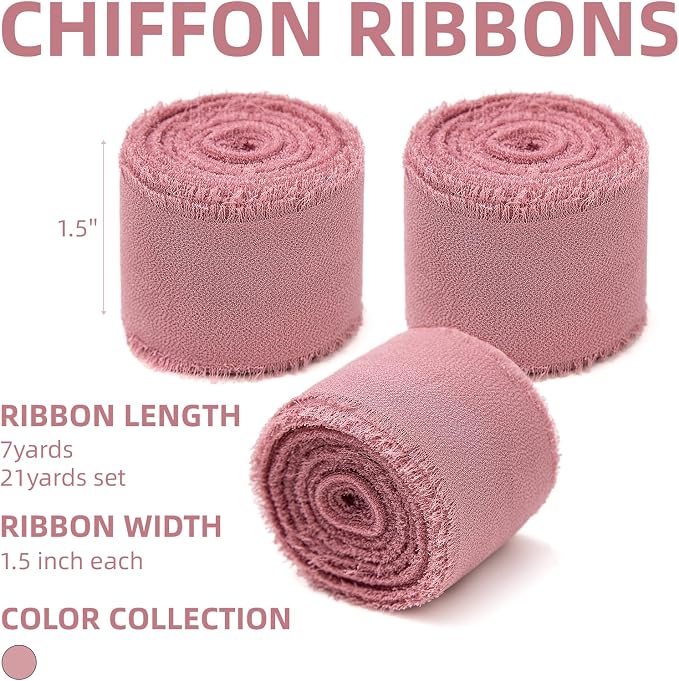 KEOSREE 3 Rolls Dusty Rose Handmade Chiffon Ribbon, 1.5" x 21Yd | Frayed Fringe - Image 2