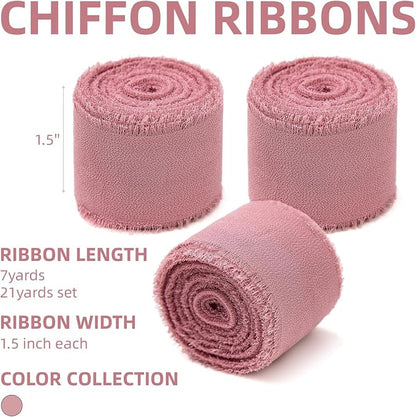 KEOSREE 3 Rolls Dusty Rose Handmade Chiffon Ribbon, 1.5" x 21Yd | Frayed Fringe - Image 2