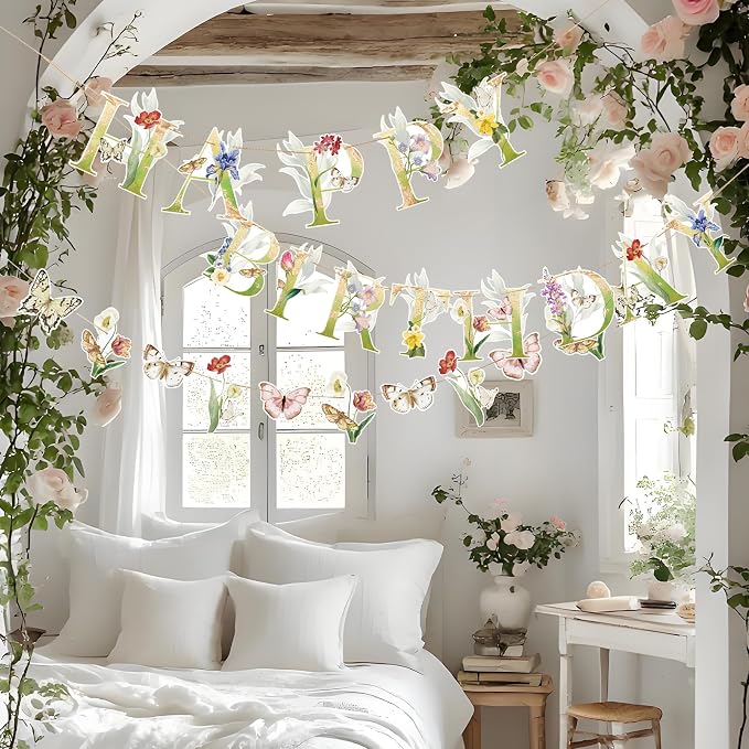 SUNBEAUTY Wildflower Butterfly Happy Birthday Banner Spring Floral Birthday - Image 8