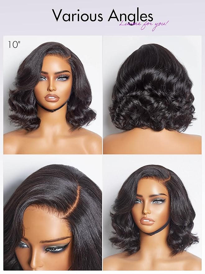LUVME HAIR 10 Inch Light Yaki Loose Wave Wig, Human Hair, Undetectable HD Lace Glueless Bob Wig, Pre Plucked, Pre Cut, Short Black Wig
