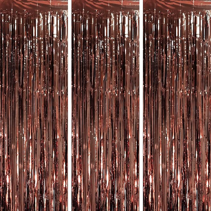 Voircoloria Brown Foil Fringe Backdrop Curtains, 3 Pack | Tinsel Streamers by Voircoloria