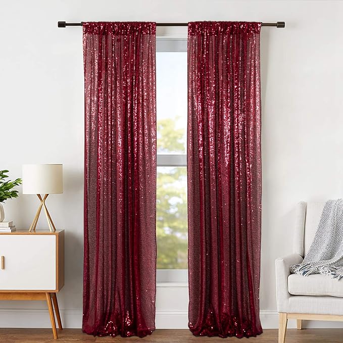 ShinyBeauty Burgundy Sequin Curtain Backdrop 2 Panels 4FTx8FT Wedding Decor - Image 3