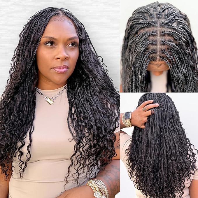 Human Hair Boho Curls Hand-Tied HD Full Lace Wig - 24" Salon-Level Small Box Synthetic Braids (121 Braids, High Density) Pre-Cut Swiss HD Lace, Pre-Plucked, Knotless, Tangle-Free - Black 1B