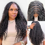 Human Hair Boho Curls Hand-Tied HD Full Lace Wig - 24" Salon-Level Small Box Synthetic Braids (121 Braids, High Density) Pre-Cut Swiss HD Lace, Pre-Plucked, Knotless, Tangle-Free - Black 1B