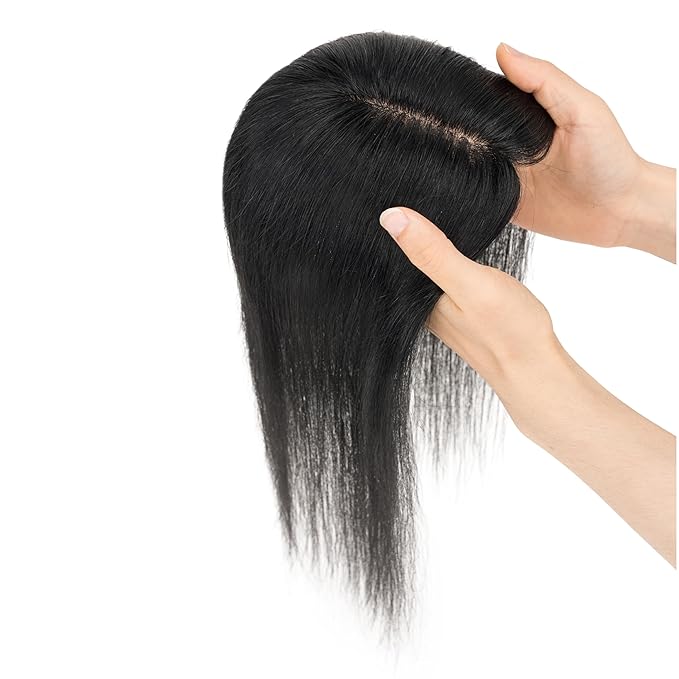 Hairro Human Hair Toppers Free Parted, 3.5x4.7" Base Hand-wovened 100% Real Hairpieces, with Invisible Clips-in for Women, for High Hairline/Adding Volume on Top, 14 Inch Jet Black