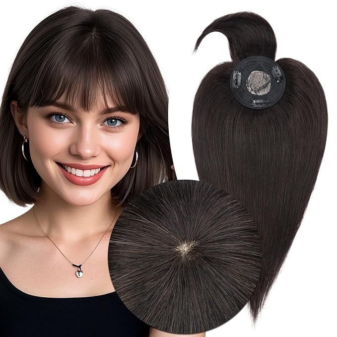 MY-LADY Human Hair Toppers for Women Real Human Hair with Bangs Thin 8.5 * 8.5CM Mono Base Clip in Remy Hairpieces Light Weight 10 Inch Natural Black