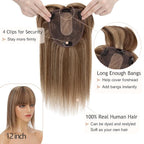 Hair Toppers for Women Real Human Hair With Bangs, 13 * 15 cm Larger Silk Base 150% Density Clip In Topper Hairpieces, Wiglet Top Pieces Add Volume -12 Inch 4P27 Medium Brown&Dark Blonde
