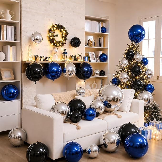 Blue Silver Black Round Balloons Foil, Metallic Blue Silver Balloons - Image 5
