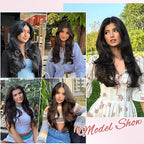 ALXNAN Long Wavy Layered Hair Extensions for Women, Clip in Hair Extensions Clip Ins Soft Full Head Synthetic Hairpieces 16 Inch Black
