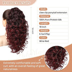 Flufymooz 100％ Pure Protein Ponytail Extension, 18 Inch Curly Claw Clip Ponytail Hair Extensions Natural Soft pony tail hairpiece for women-Wine Red