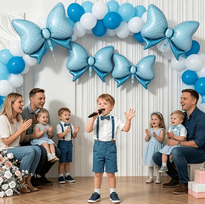 Blue Bow Balloons Different Sizes, Large 35/31/16inch Blue Polka Dot Bow Foil - Image 2