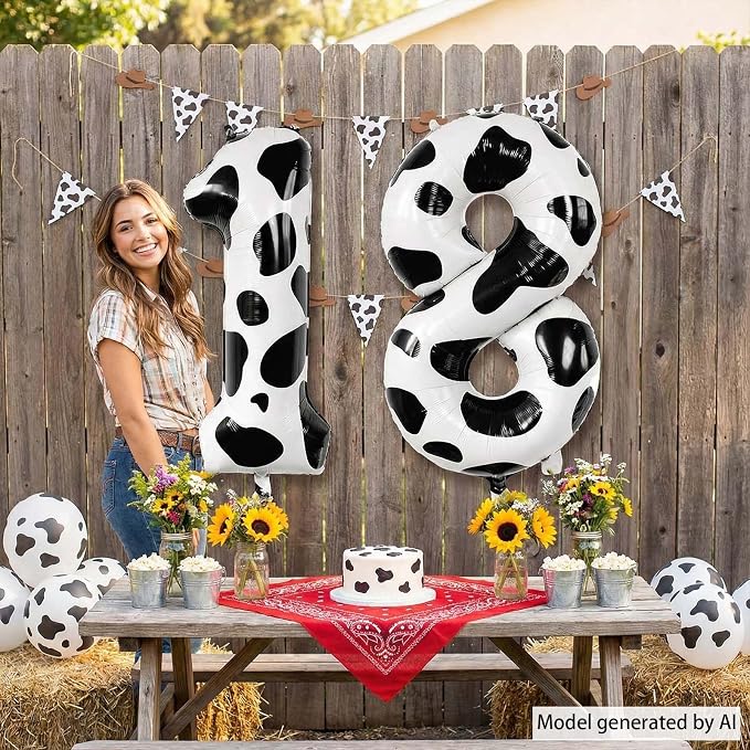 40 Inch Cow Print Number 18 Balloon Set, Giant Black & White Cowhide Foil Mylar - Image 6