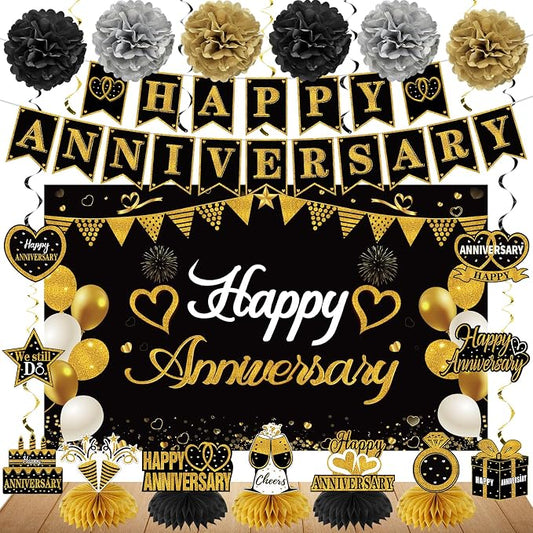 Turypaty Happy Wedding Anniversary Decorations Kit Supplies Black Gold | Large by Turypaty