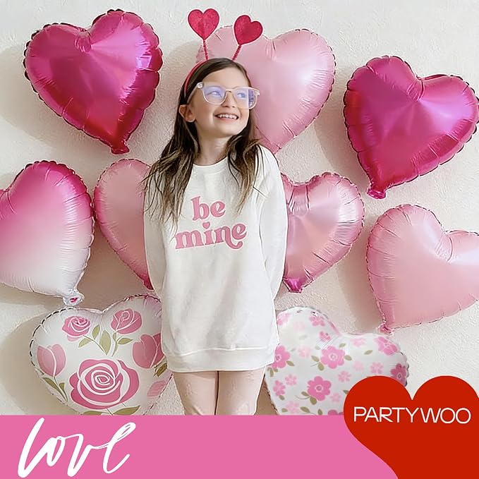 PartyWoo Pink White Rose Hot Pink White Heart Foil 15pcs Balloons 18 Inch | - Image 4