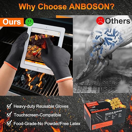 BBQ Gloves for Grilling Disposable Heat Resistant - 100 Nitrile Gloves + 4 Reusable Cotton Liners for Barbecue Smoker, Cooking Hot Meat - 10Mil Thick, Non-Slip Grip - Black Large