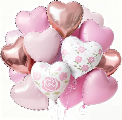 PartyWoo Pink White Rose White Gold Heart Foil Balloons 15pcs 18 Inch | Balloons by PartyWoo