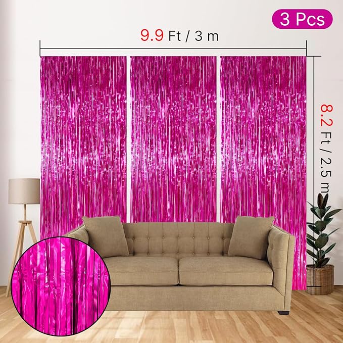 PartyWoo Hot Pink Foil Fringe Curtain 8.2FT 3pcs Red Rose Tinsel Streamers | - Image 4