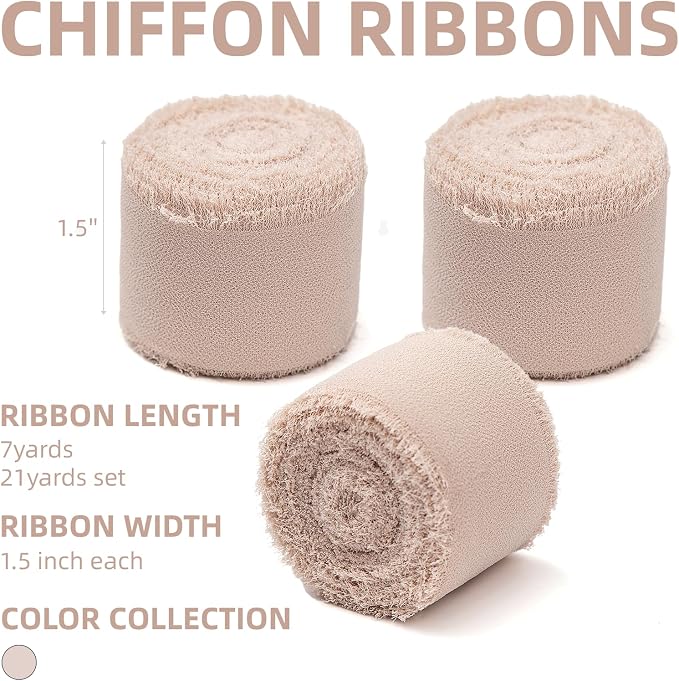 KEOSREE 3 Rolls Light Nude Handmade Chiffon Ribbon, 1.5" x 21Yd Light Khaki - Image 2
