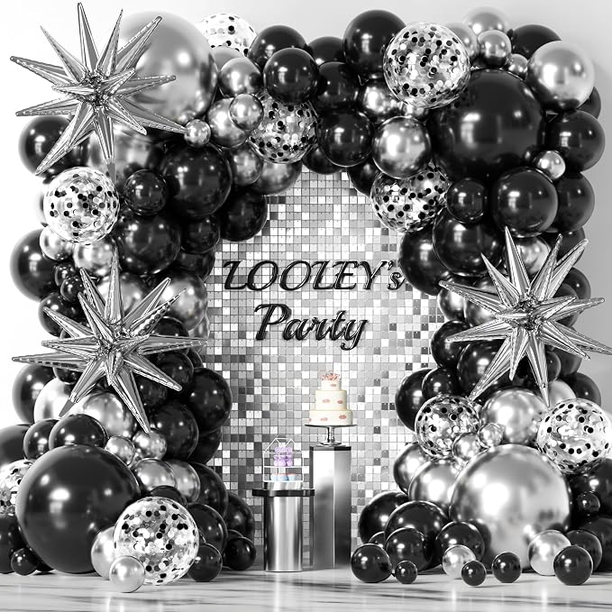LOOLEY 137Pcs Black and Silver Balloons Garland Arch Kit w Stars - Image 7