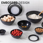 COOK WITH COLOR Mixing Bowls with Lids - 12 Piece Plastic Nesting Bowls Set includes 6 Prep Bowls and 6 Lids, Rhombus Design - Microwave Safe (Black)
