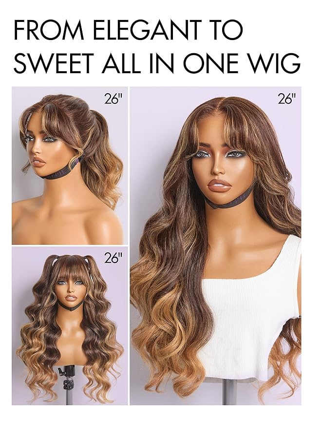 LUVME HAIR 7x6 HD Lace All-Day Comfort Wig with Bangs 200% Density Hair Lace Wigs Ombre Blonde Highlight Loose Body Wave Lace Front Wigs Human Hair Pre Cut Plucked Glueless 16 Inches