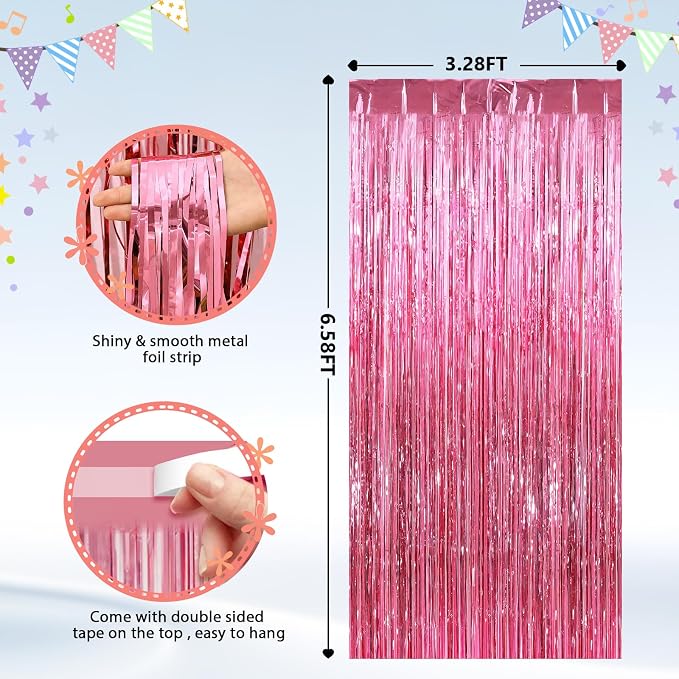 GCB 2 Pack Glitter Foil Curtain Pink Backdrop Streamers Metallic Tinsel Fringe - Image 3