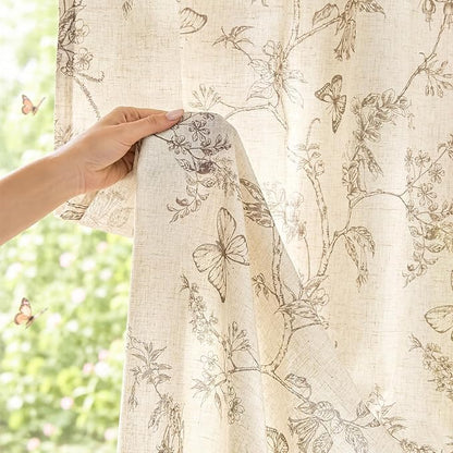 Taupe Floral Linen Curtains Farmhouse Rod Pocket 50W X 84L 2 Panels | Charlotte - Image 9