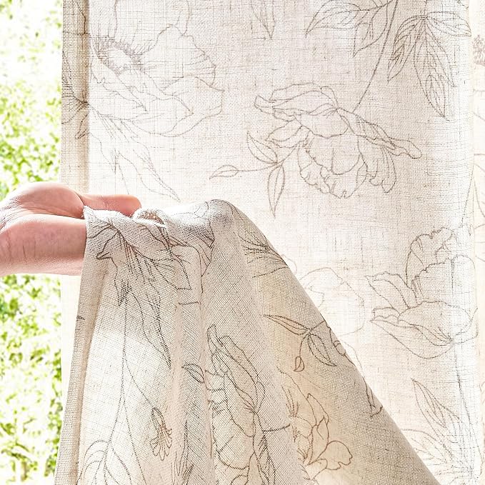 jinchan Floral Linen Curtains for Living Room 96 Inch Length Taupe Flower - Image 3