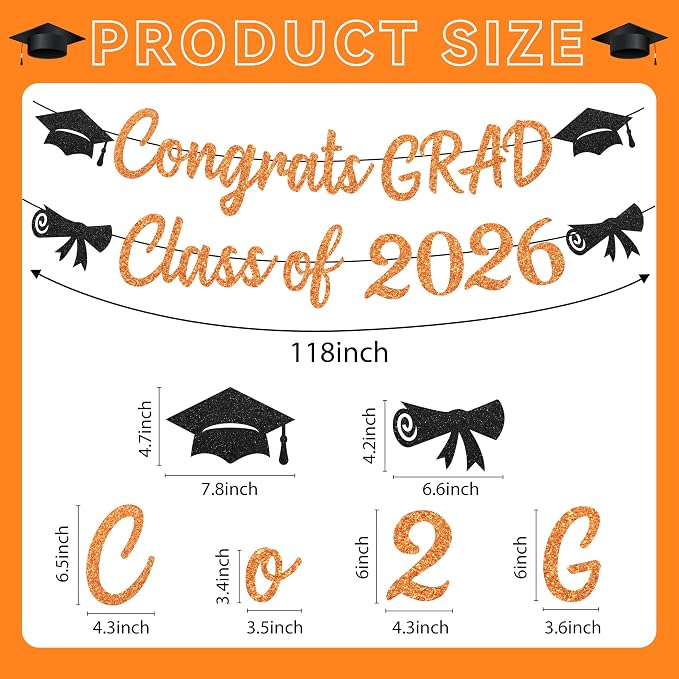 Black and Orange Congrats Grad Banner, Class of 2026 Banner and Graduation Caps - Image 3