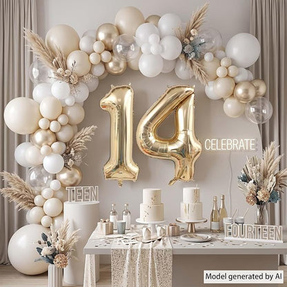 White Gold Number 14 Balloon 40 Inch, Champagne Foil Fourteenth Decoration | - Image 3