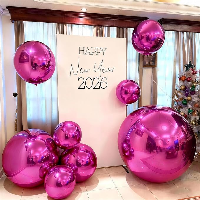 14 Pcs Hot Pink Round Foil Balloons 22/15/10 4D Ball Balloons Metallic Pink - Image 3
