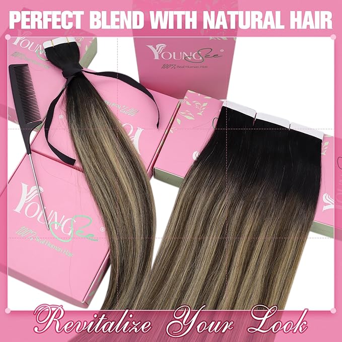 YoungSee Human Hair Tape in Extensions Black Balayage Tape in Hair Extensions Human Hair Black Ombre Brown with Caramel Blonde Tape-in Extension Ombre Hair Extension Tape-in 16 Inch 20pcs 50g