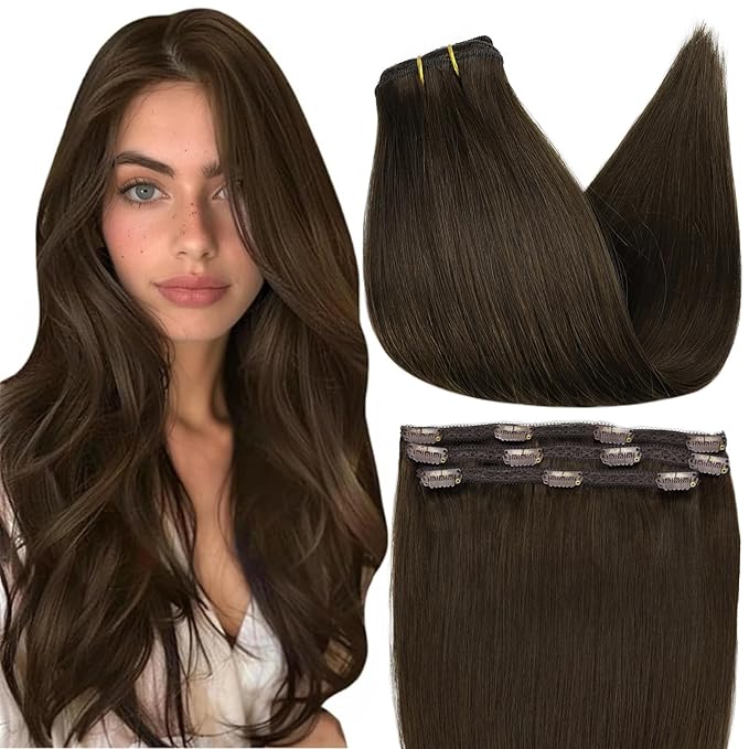 Full Shine Human Hair Clip in Extensions 18 Inch Color 2 Darkest Brown Natural Straight Hair Extensions Lace Clip in Human Hair Extensions Long Straight Hair Longevity 3 PCS 60 Grams