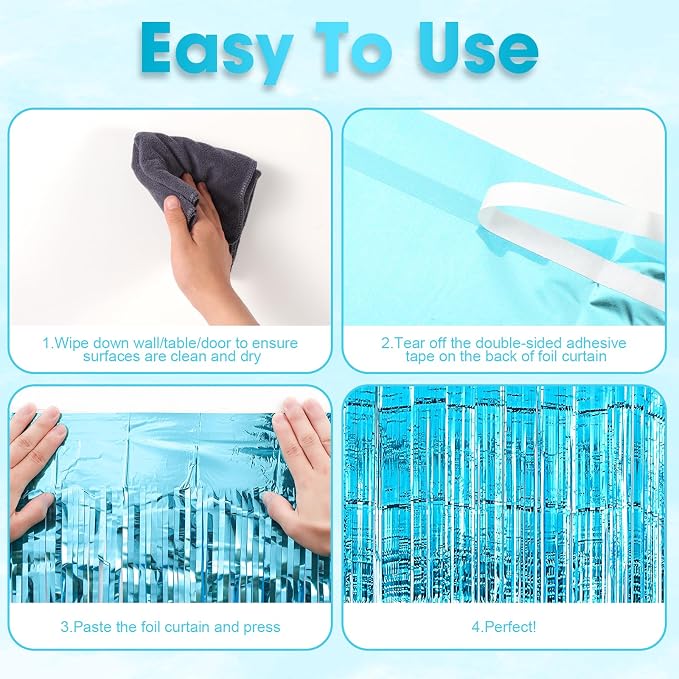 Voircoloria Light Blue Foil Fringe Backdrop Curtains, 3 Pack | Tinsel Streamers - Image 4