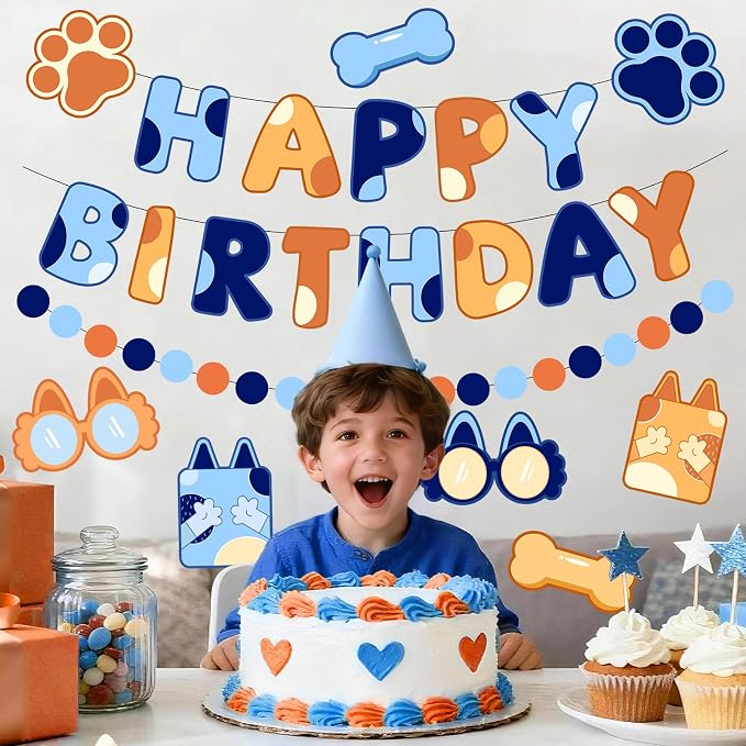 Pre-Strung Happy Birthday Banner, NO DIY Party Decor | Blue Dog Themed Birthday - Image 4