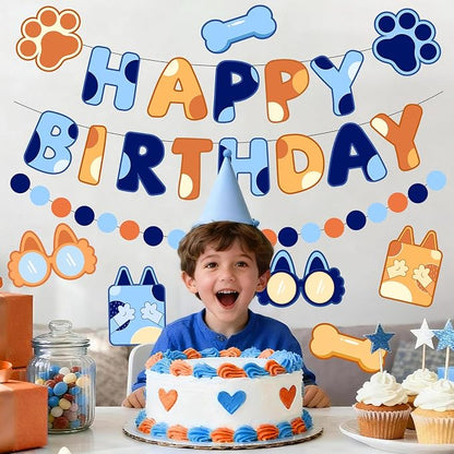 Pre-Strung Happy Birthday Banner, NO DIY Party Decor | Blue Dog Themed Birthday - Image 4