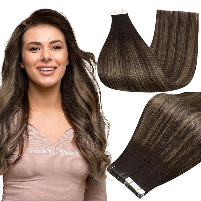 Full Shine Balayage Tape in Hair Extensions Human Hair Color 2/8/2 Human Hair Extensions Tape in 24Inch Remy Seamless Skin Weft 50G 20Pcs Double Sided Adhesive Extension
