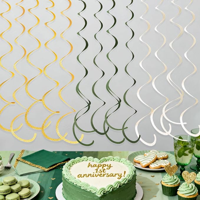 36Pcs Sage Green Gold Hanging Swirl Decorations Glitter Gold Olive Green Beige - Image 8