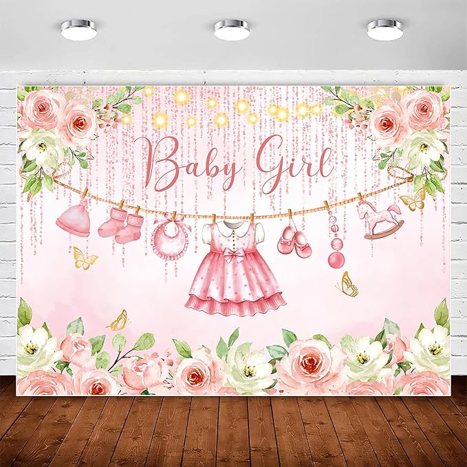 InMemory Girl Baby Shower Backdrop Pink Floral Baby Shower Decorations by InMemory